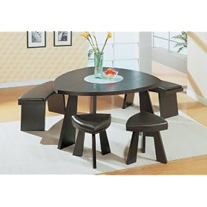 Contemporary Furniture Wenge Wood Triangular Dining Table with Matching Brown Stools and Benches by ModernLineFurniture