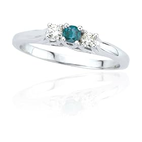 10k White Gold Blue and White Diamond 3-Stone Ring (.12 ct Center 1/4 cttw), Size 5
