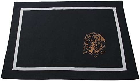 CasStar Cotton Linen Blend Washable Embroidered Artical Design Lion Portable Placemats No-slip Insulation Table Mats, Set of 4 (420mm*300mm), Black