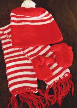 Red and White Knit Scarf, Hat, and Mittens Set - Fits an American Girl Doll or Other Similar Size 18