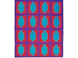 ArtisanStreet's Jewel Bold Dreidel Comforter. Features Bold Turquoise Chanukah Dreidels On A Bright Red Background With Purple Borders. Comforter Is Made From 100% Cotton Fabrics With Hand Tufting & Finishing. Measures 42 X 46 Inches.