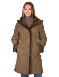 Apparel: Womens Marilu Hooded Shearling Sheepskin Coat with Mink Fur Trim, OLIVE, Size XSMALL - Overland Sheepskin Co.