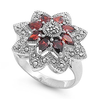 Sterling Silver Antique Inspired Marcasite Ring for Women - Accented with Garnet CZ Stone