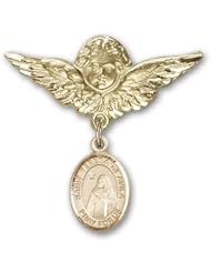 Gold Filled Baby Badge with St. Teresa of Avila Charm and Angel with Wings Badge Pin