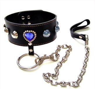Black Leather Posture Collar Necklace w/ Blue Heart Gemstone & Leash