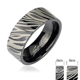 316L Stainless Steel Ring Black IP Ring with Zebra Print - Size:5