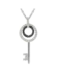 Sterling Silver Black and White Diamond Double Circle Key Pendant Necklace ( 1/4 cttw), 18"