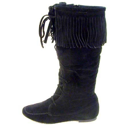 Tassle Fringe Flat BLACK Mid-Calf BOOTS Women's Size 6