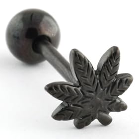 PVD Stainless Steel Straight Barbell with One Rasta Leaf: 14g 5/8" Black