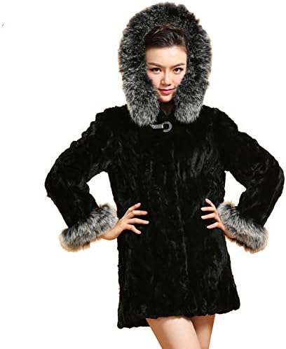 MMFur Rex Rabbit Fur Long Coat Hooded With Silver Fox Hair Collar M