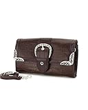 Brown Western Genuine Leather Crocodile Pattern Wallet with Shoulder Strap