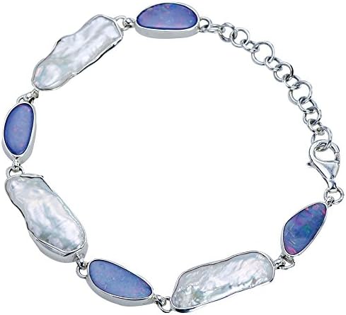 Australian Fire Opal Baroque Pearl 925 Sterling Silver Bracelet Adjustable 7"- 8"