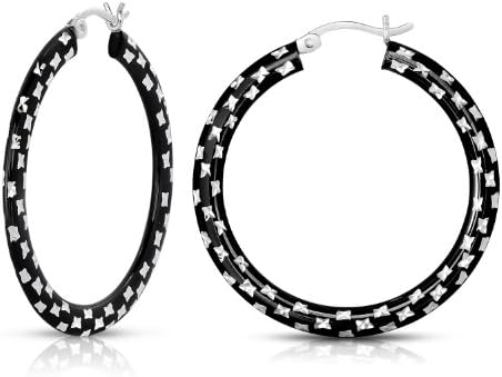 Black Rhodium Chekered Style Fancy Hoop Earring in Sterling Silver