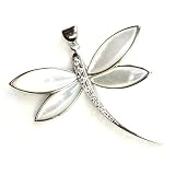 Natural Mother of Pearl & Swarvoski Crystal Dragonfly Design Sterling Silver Pendant with Rhodium Plated (come with 16 or 18 Italian Sterling Silver Chain)