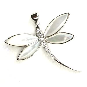 Natural Mother of Pearl & Swarvoski Crystal Dragonfly Design Sterling Silver Pendant