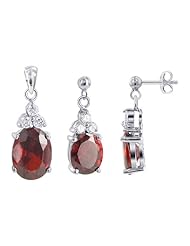 Sterling Silver Oval Shape garnetand Round CZ Post Back Finding 8mm x 16mm Earring and 9mm x 17mm Pendant Jewelry Set