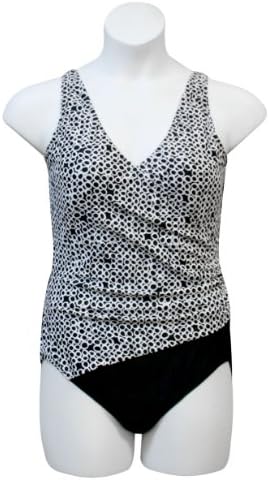 Aliana Plus Size 1PC Surplice Wrap Swimsuit Black/White Circles Sizes 1X-3X