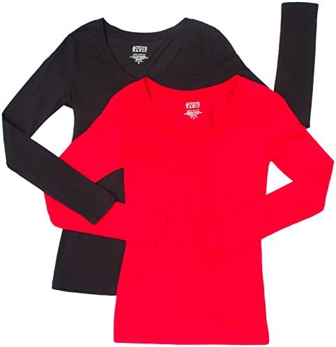 2 Pack Active Basic Women's Basic Long Sleeve V-Neck Tee Med Black, Red