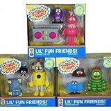 Yo Gabba Gabba Lil' Fun Friends Character Set . Includes All 3 Figure Sets . Brobee with Stump & Bat . Foofa with Purple Bird & Boombox . Plex with Bee & BookIMAGE