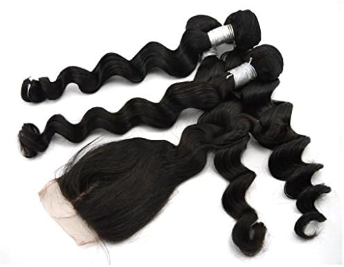LaNova Beauty Brazilian Human Hair Weave,Loose Wave Hair Extention 4pcs Mix Size 22+24+26+28inch and 1pc Lace Closure (4*4) 22inch,Natural Color,5pcs/lot