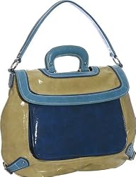 BCBG eneration Patent Flap Over Tote - Black/White or Khaki/Blue