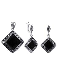 Sterling Silver Dangle Earrings and Pendant Jewelry Set with Black Onyx and Marcasite Accents