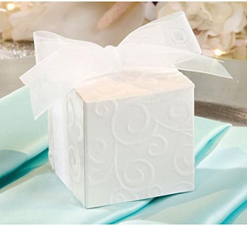 260 White Wedding Flocked Swirl Favor Candy Boxes with Ribbon