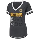 NHL Women's Boston Bruins Bling Beauty Short Sleeve V-Neck Boyfriend Tee (Charcoal Heather/White, Medium)