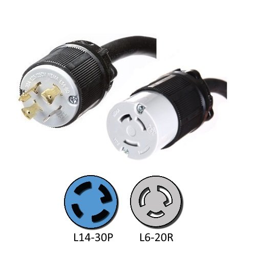 NEMA L14-30P to L6-20R Plug Adapter - 1 Foot, 20A/250V, 12/3 AWG - Iron Box # IBX-3630-01