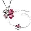 18k Gold Plated Swarovski Crystal Heart Shaped Four Leaf Clover Pendant Necklace and Bracelet Set - Pink Sapphire