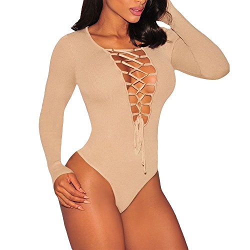 Grace's Secret Women's Deep V Neck Lace up Bodysuit