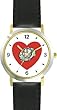 Red Heart - Peace Sign & Flowers - Love & Friendship Theme - WATCHBUDDY&reg; DELUXE TWO-TONE THEME WATCH - Arabic Numbers - Black Leather Strap-Size-Large ( Men's Size or Jumbo Women's Size )