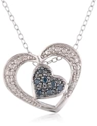 Sterling Silver Blue and White Diamond Double Heart Pendant Necklace (0.07cttw, G-H Color, I2-I3 Clarity), 18"