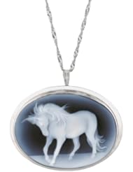 Sterling Silver Italian Blue Agate Horse Cameo Pin-Pendant Necklace,18"
