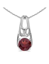 10k White Gold Round Garnet And Diamond Pendant with 16" Chain