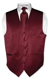 Men's Dress Vest & NeckTie Burgundy Striped Vertical Stripes Design Set for Suit or Tuxedo