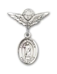 Sterling Silver Baby Badge with St. Stephen the Martyr Charm and Angel with Wings Badge Pin