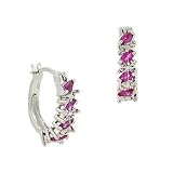 Sterling Silver .925 Created Pink Sapphire Stone Marquise Cut Genuine Diamond Accent Hoop Earrings
