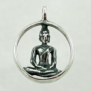 Three Dimensional Seated Young Buddha in Sterling Silver in Round Pendant, #9066