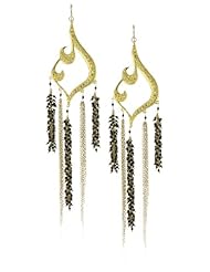 Devon Leigh "Bold Gold" Long Gold Pendant Necklace Onyx and Chain Cluster Earrings