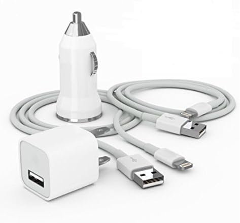 Hybrid Electronics 4 in 1 of Dual Car Charger + USB Home AC Wall + 2 x 8 Pin Data Sync Cable For iPhone 5 5S 5C 6 6Plus (White)