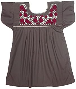Nativa Women's Mexican Hand Embroidered Puebla Blouse (Large, Berry/White)