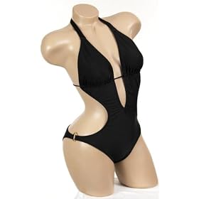 Sexy Trendy Cute Summer Black Low Cut Out Halter Top Monokini Swimsuit Bathing Suit Swimwear