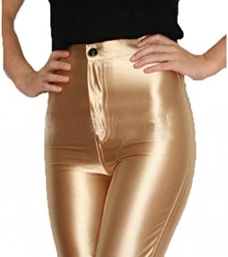 FanRun Women's High Waist Fitness Slim Stretch Satin Disco Pants,Gold,Size S