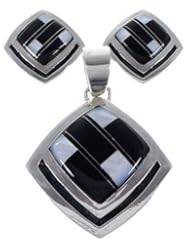 Silver Black Jade Mother of Pearl Pendant Earrings Set DS48165