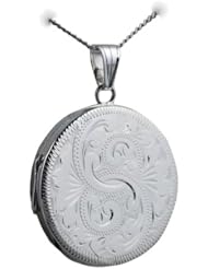 British Jewellery Workshops Silver 29mm engraved flat round Locket with Curb chain