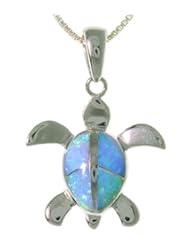 Sterling Silver Created Blue Opal Sea Turtle Pendant with 18 Inch Box Chain Necklace