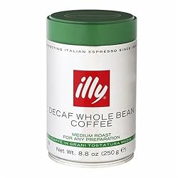 illy Caffe Decaffeinated Whole Bean Coffee (Medium Roast, Green Top), 8.8-Ounce Tins (Pack of 2)