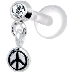 Silver 925 Clear CZ Dangling Peace Sign Tragus Earring