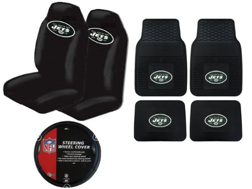A Set of 4 NFL Universal Fit Front All-Weather Floor Mats and A Set of 2 Universal Fit Seat Covers and 1 Steering Wheel Cover - New York Jets